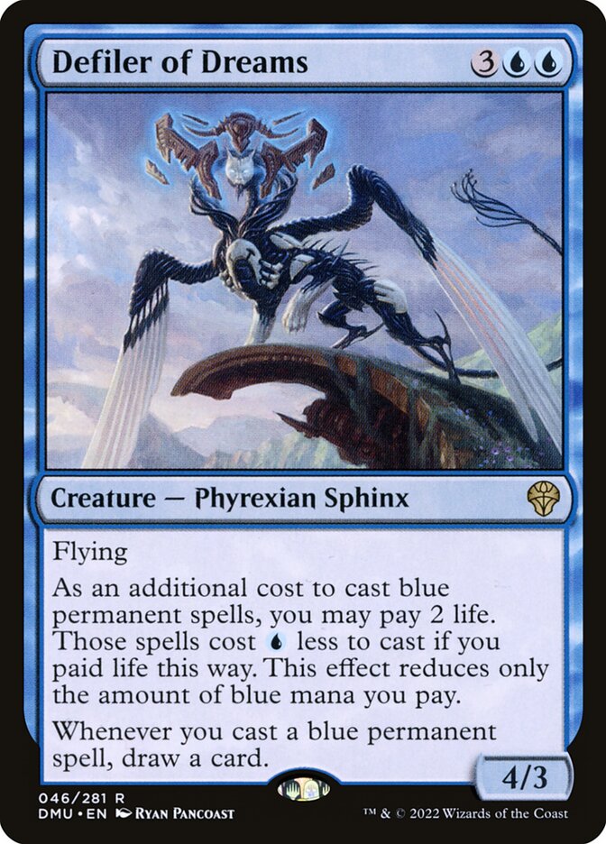 Defiler of Dreams
 Flying
As an additional cost to cast blue permanent spells, you may pay 2 life. Those spells cost {U} less to cast if you paid life this way. This effect reduces only the amount of blue mana you pay.
Whenever you cast a blue permanent spell, draw a card.